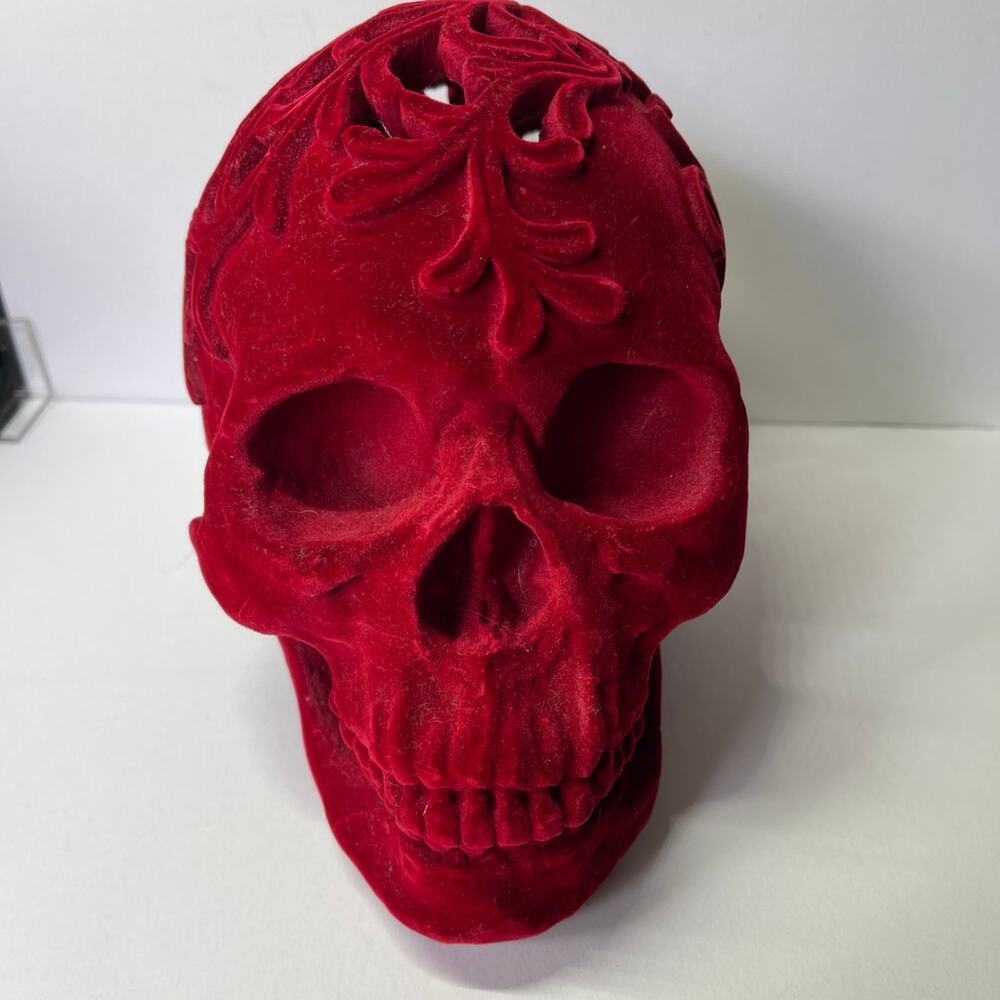 Red Velvet Flocked Decorative Skull | Gothic Home Decor
